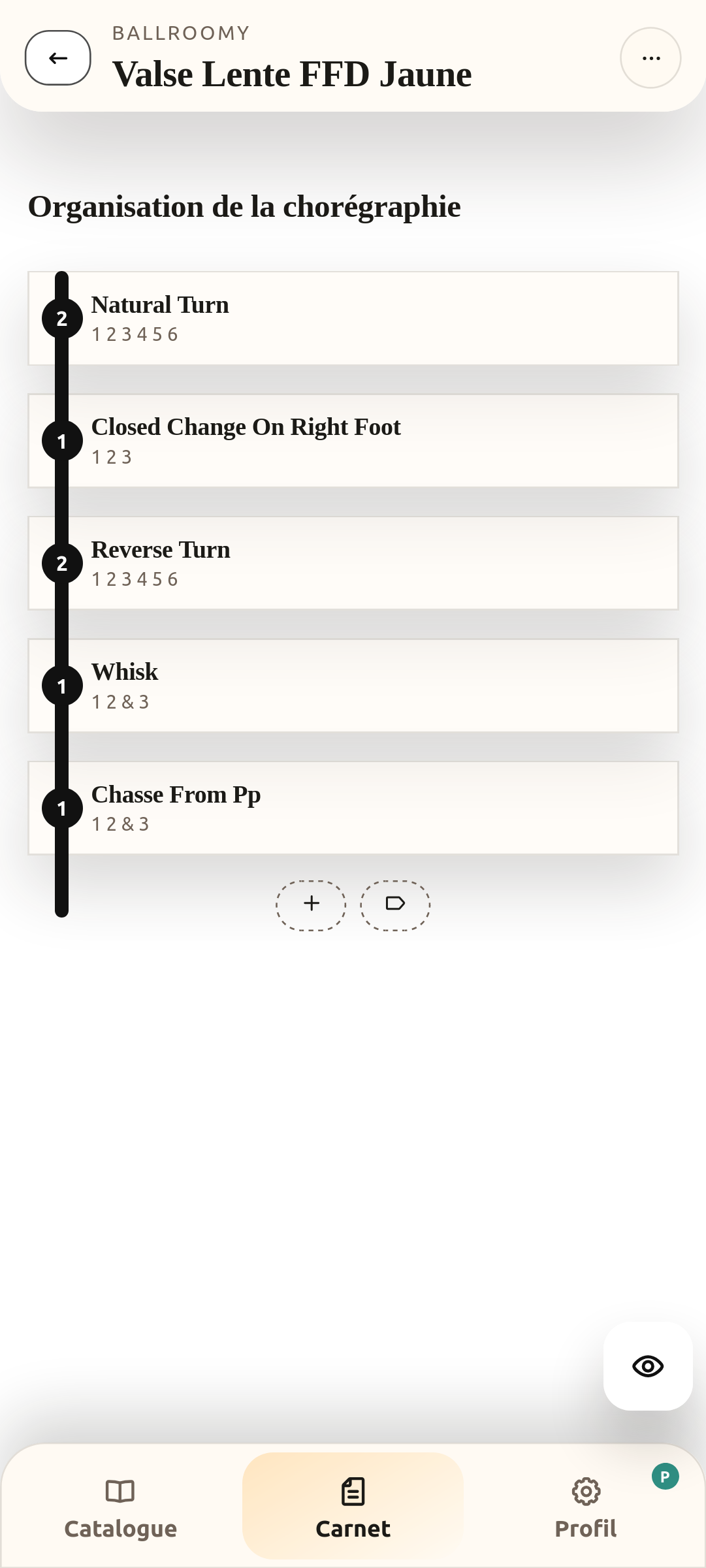 Edition d'une choreography dans Ballroomy Notebook